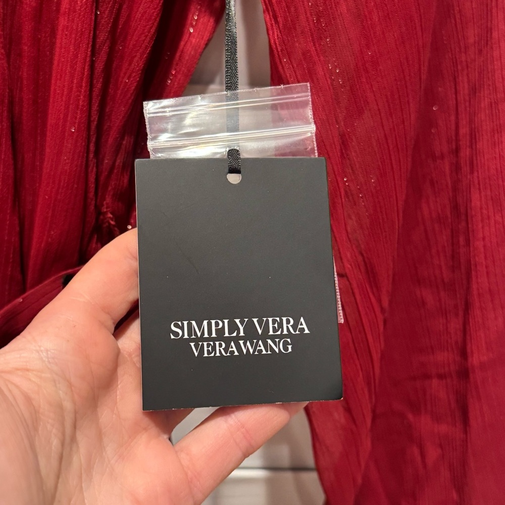 NEW Sz Large Simply Vera Deep Red Long Sleeve Dress Sheer Tiered Bow Feminine - Picture 5 of 12